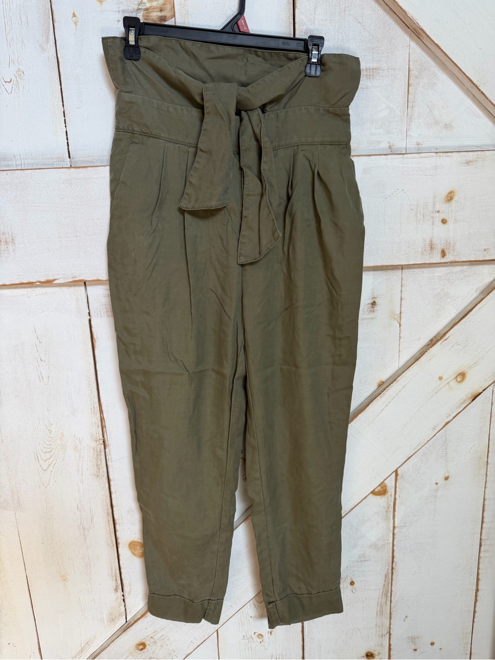 Anthropologie Olive Green High-Waist Tie-Belt Paperbag Pants